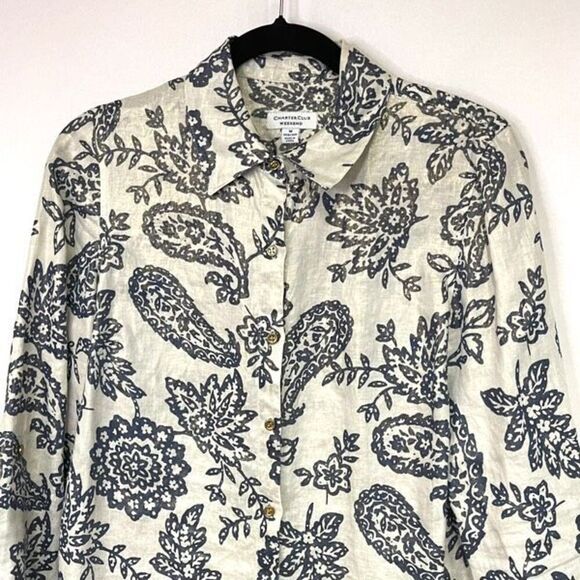 Charter Club Linen Top Womens Medium Multicolor Floral Paisley Print Button-Down - Picture 2 of 12